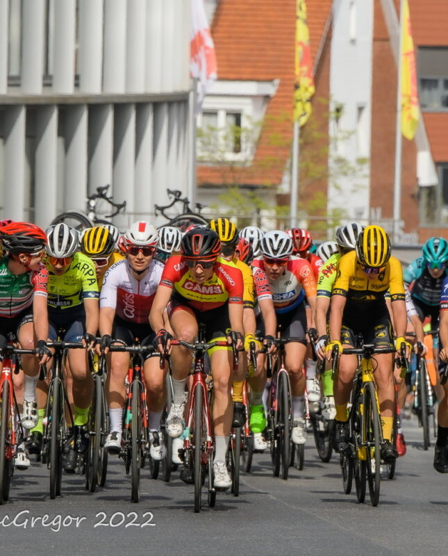 Danni Shrosbree from CAMS-Basso riding on the front of the bunch in a Belgian cycling race