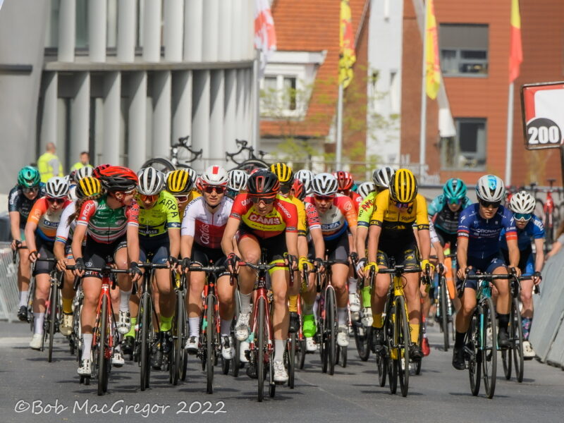 Danni Shrosbree from CAMS-Basso riding on the front of the bunch in a Belgian cycling race